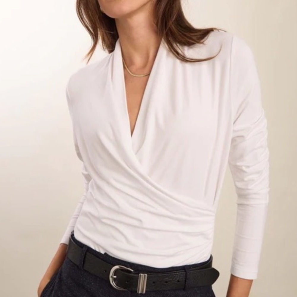 Surplice Wrap Soft Drapy Long Sleeve PRESS White Top Office Chic Blouse FLAW